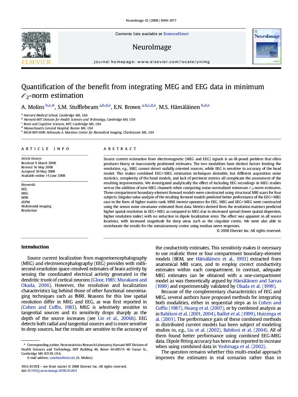عکس صفحه اول مقاله: Quantification of the benefit from integrating MEG and EEG data in minimum â2-norm estimation Quantification of the benefit from integrating MEG and EEG data in minimum â2-norm estimation