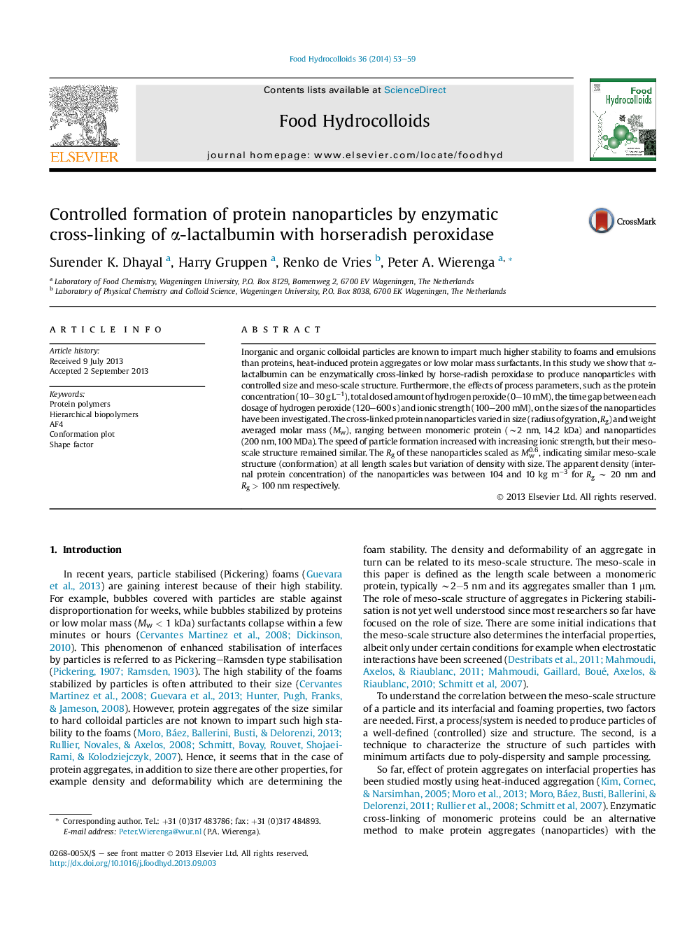 Controlled formation of protein nanoparticles by enzymatic cross-linking of Î±-lactalbumin with horseradish peroxidase