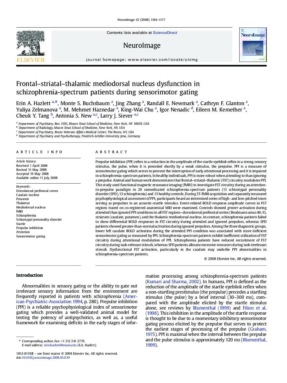 Frontal-striatal-thalamic mediodorsal nucleus dysfunction in schizophrenia-spectrum patients during sensorimotor gating