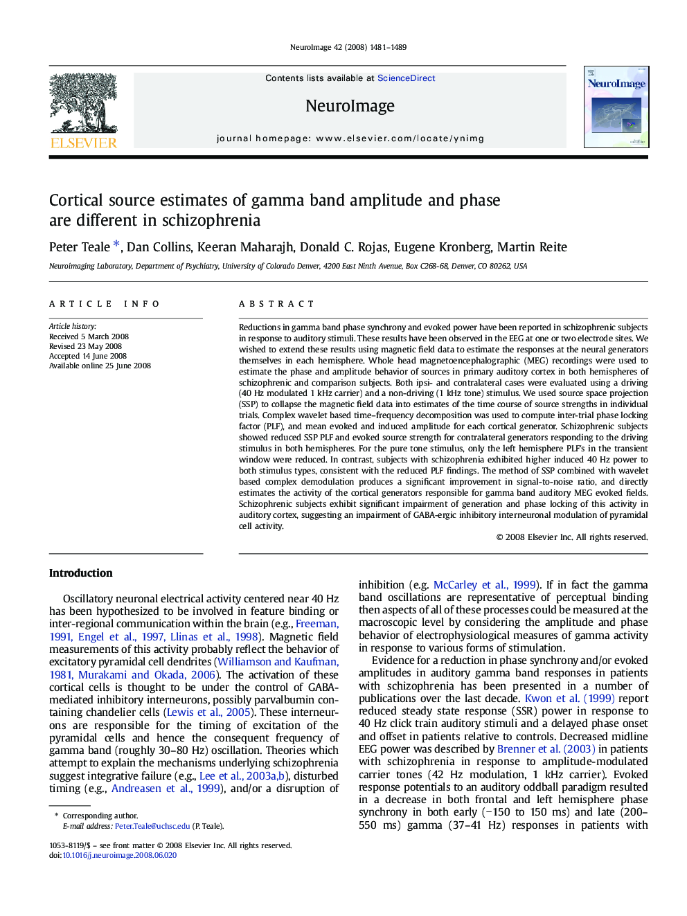 Cortical source estimates of gamma band amplitude and phase are different in schizophrenia