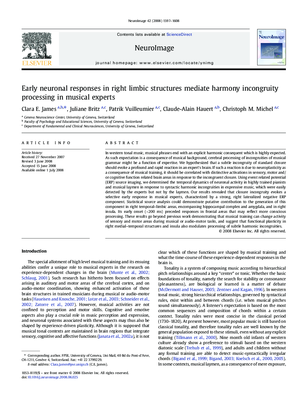 Early neuronal responses in right limbic structures mediate harmony incongruity processing in musical experts