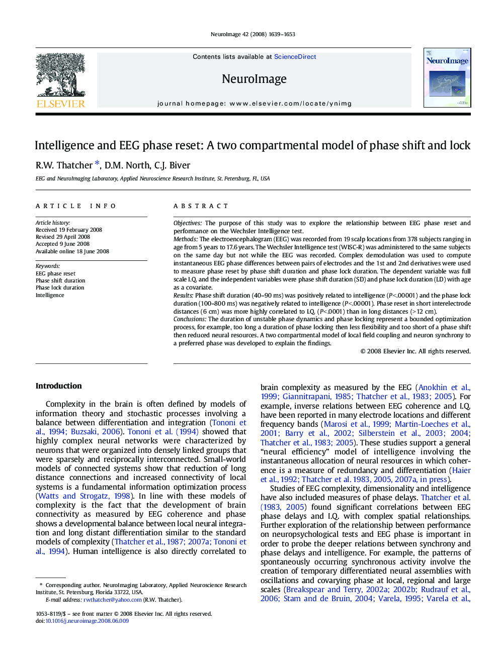 Intelligence and EEG phase reset: A two compartmental model of phase shift and lock