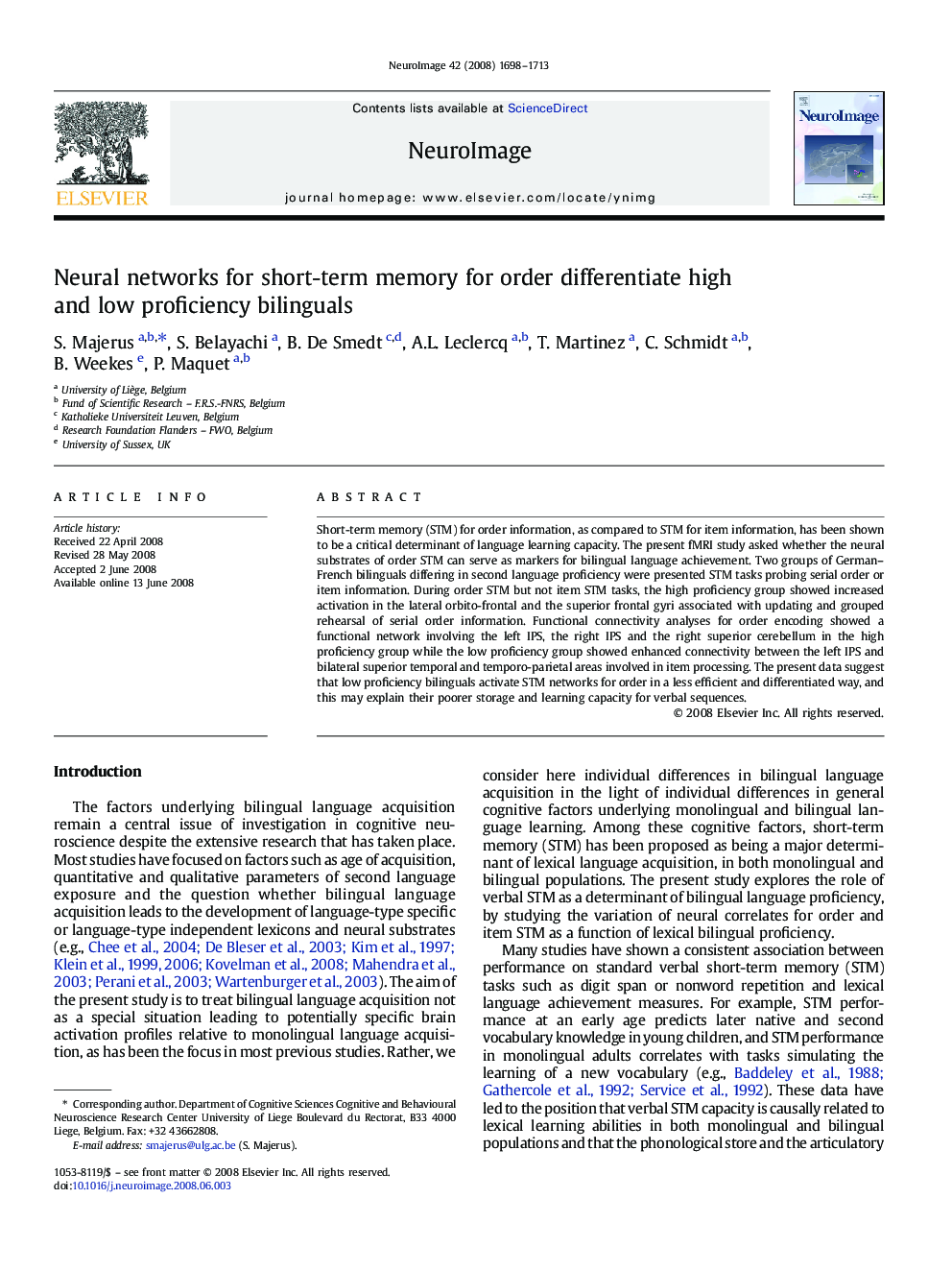 Neural networks for short-term memory for order differentiate high and low proficiency bilinguals