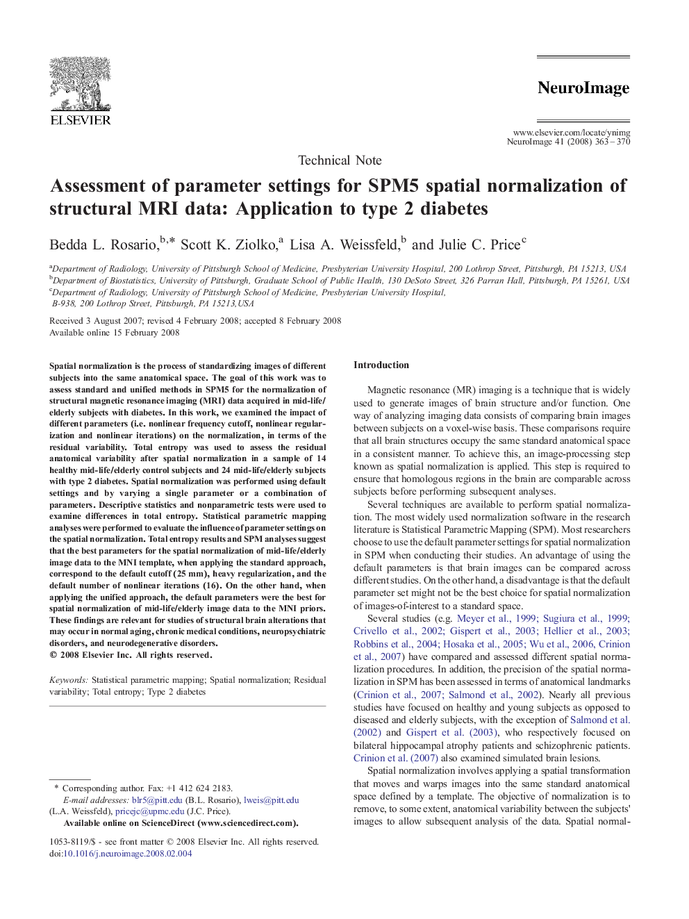 عکس صفحه اول مقاله: Assessment of parameter settings for SPM5 spatial normalization of structural MRI data: Application to type 2 diabetes Assessment of parameter settings for SPM5 spatial normalization of structural MRI data: Application to type 2 diabetes