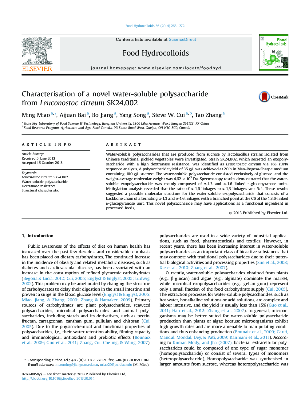 Characterisation of a novel water-soluble polysaccharide from Leuconostoc citreum SK24.002