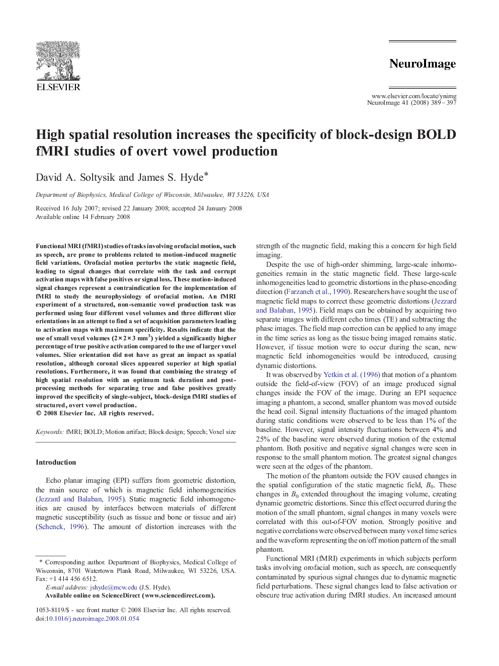 High spatial resolution increases the specificity of block-design BOLD fMRI studies of overt vowel production