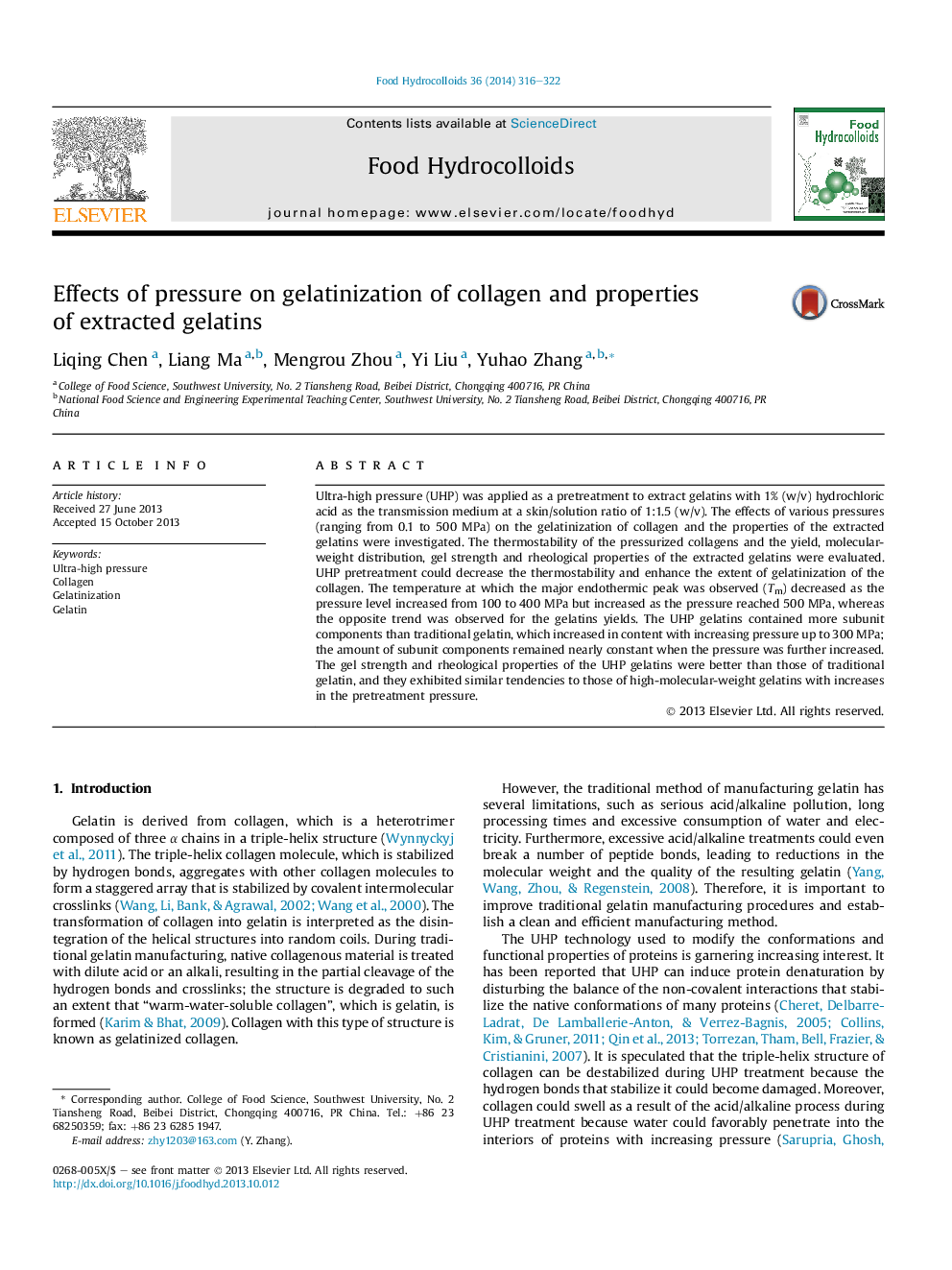 Effects of pressure on gelatinization of collagen and properties of extracted gelatins