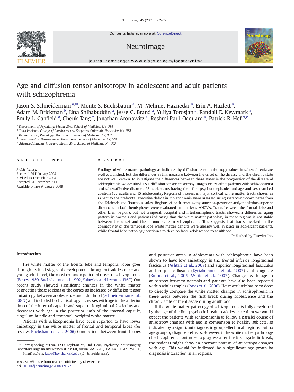 Age and diffusion tensor anisotropy in adolescent and adult patients with schizophrenia