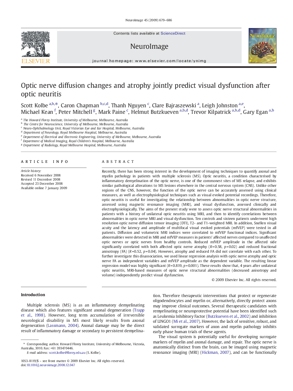عکس صفحه اول مقاله: Optic nerve diffusion changes and atrophy jointly predict visual dysfunction after optic neuritis Optic nerve diffusion changes and atrophy jointly predict visual dysfunction after optic neuritis