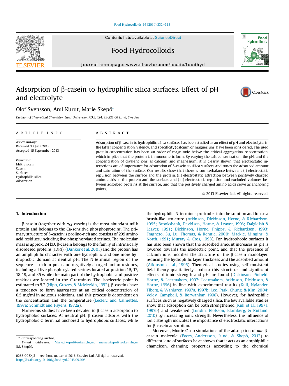 Adsorption of β-casein to hydrophilic silica surfaces. Effect of pH and electrolyte