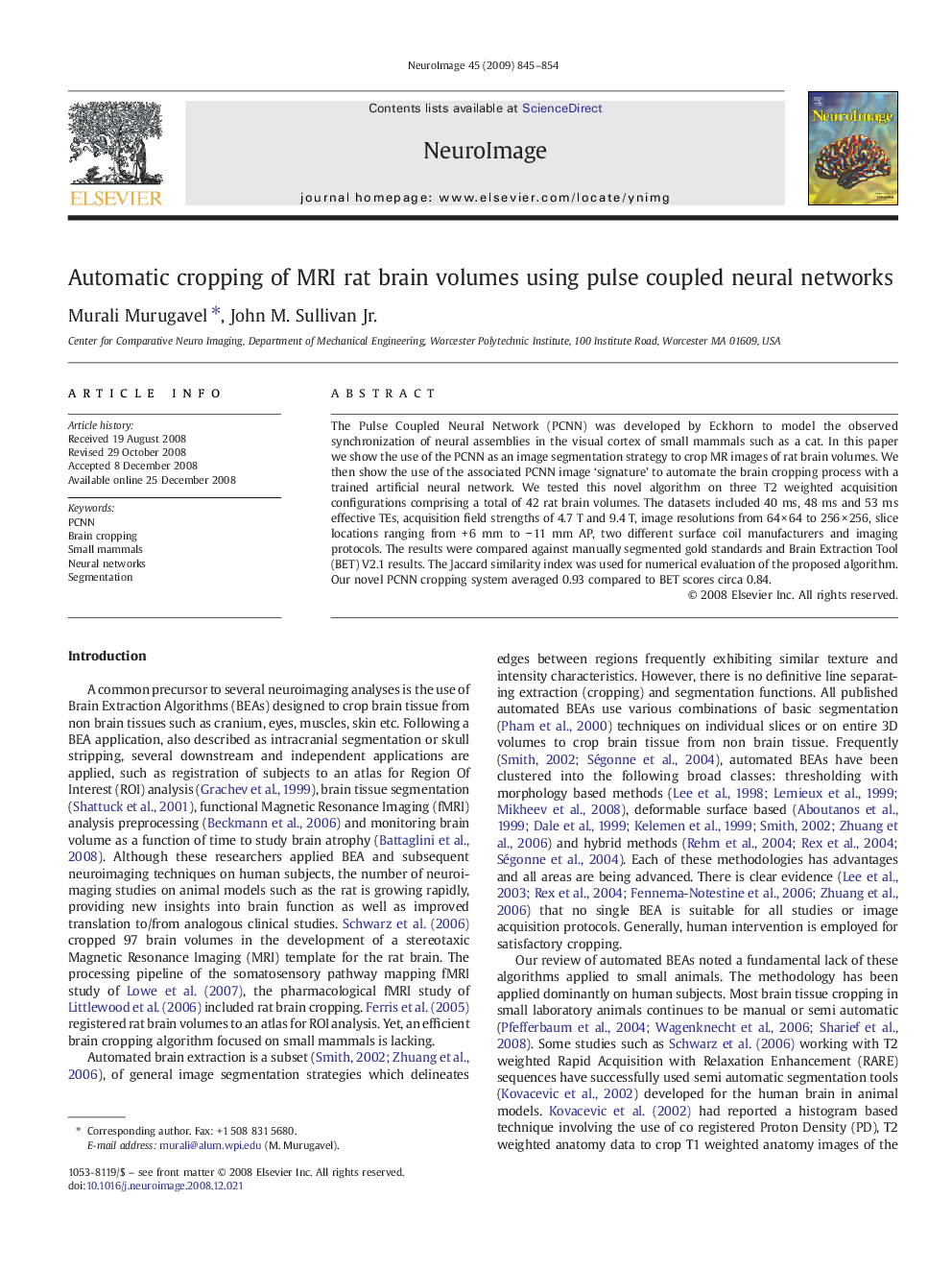 Automatic cropping of MRI rat brain volumes using pulse coupled neural networks