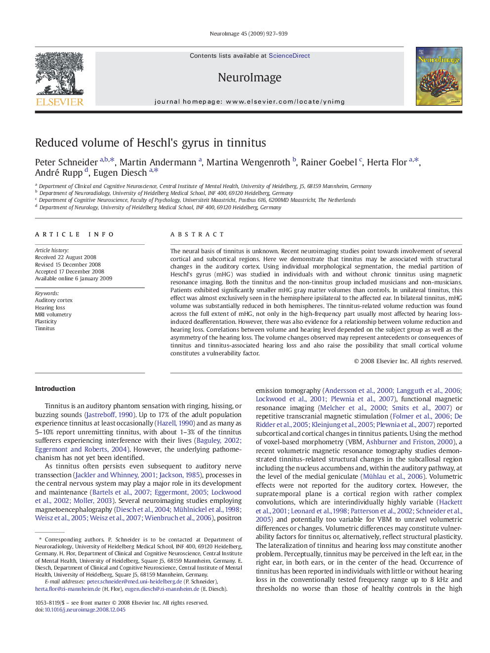 Reduced volume of Heschl's gyrus in tinnitus