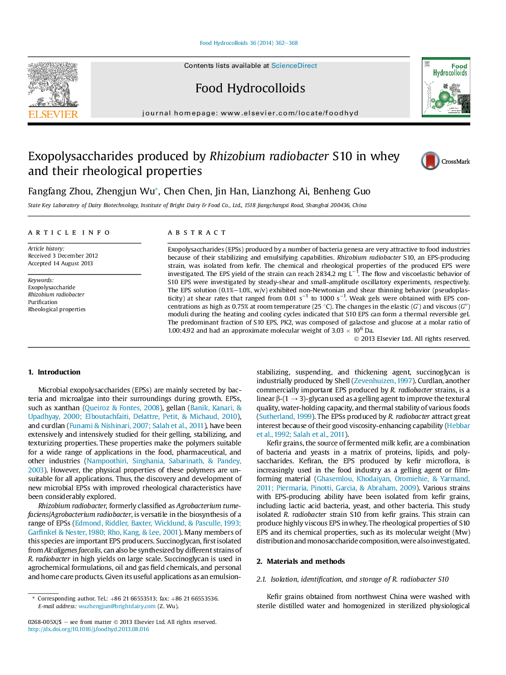 Exopolysaccharides produced by Rhizobium radiobacter S10 in whey and their rheological properties