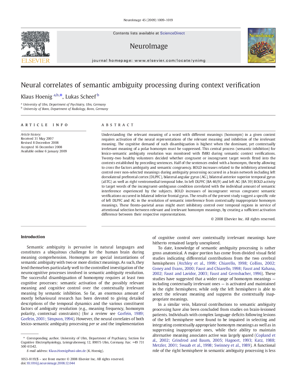 عکس صفحه اول مقاله: Neural correlates of semantic ambiguity processing during context verification Neural correlates of semantic ambiguity processing during context verification