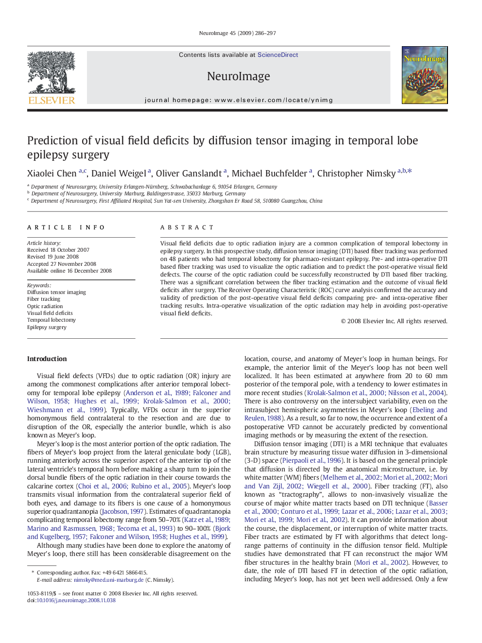 Prediction of visual field deficits by diffusion tensor imaging in temporal lobe epilepsy surgery