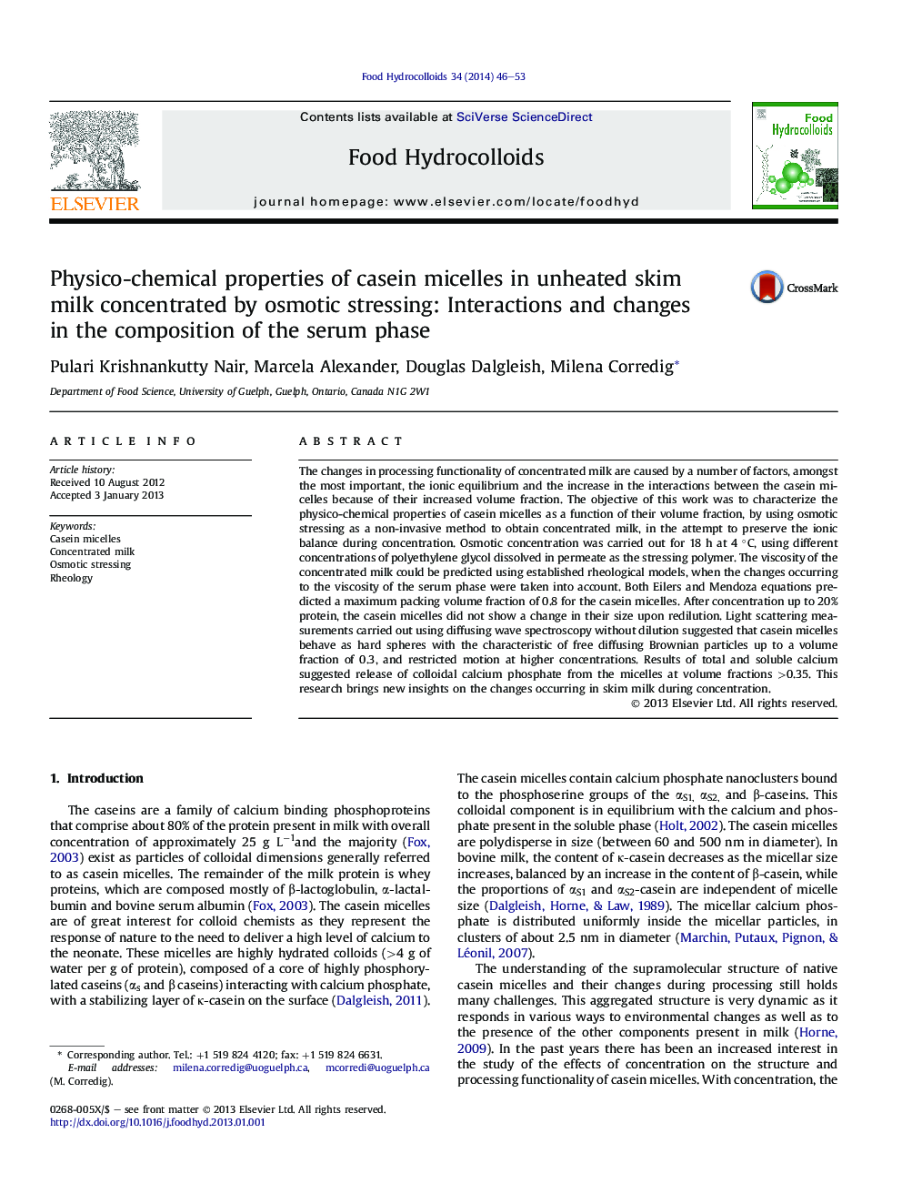 Physico-chemical properties of casein micelles in unheated skim milk concentrated by osmotic stressing: Interactions and changes in the composition of the serum phase