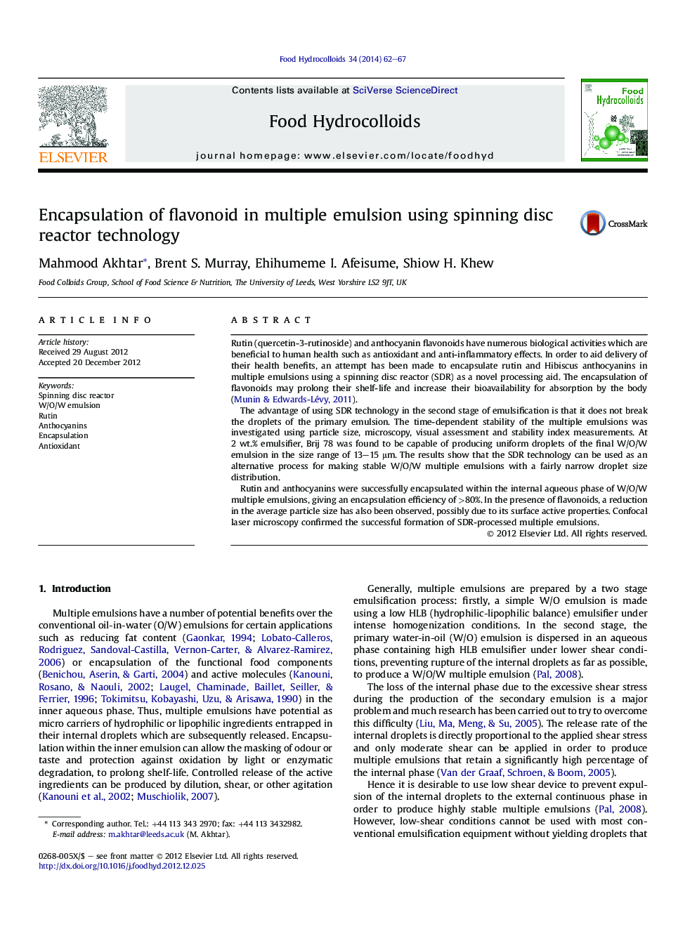 Encapsulation of flavonoid in multiple emulsion using spinning disc reactor technology