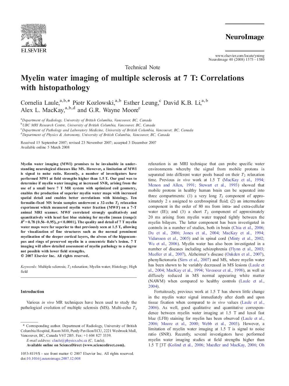 Myelin water imaging of multiple sclerosis at 7Â T: Correlations with histopathology