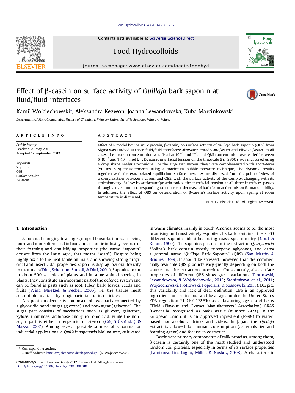 Effect of β-casein on surface activity of Quillaja bark saponin at fluid/fluid interfaces