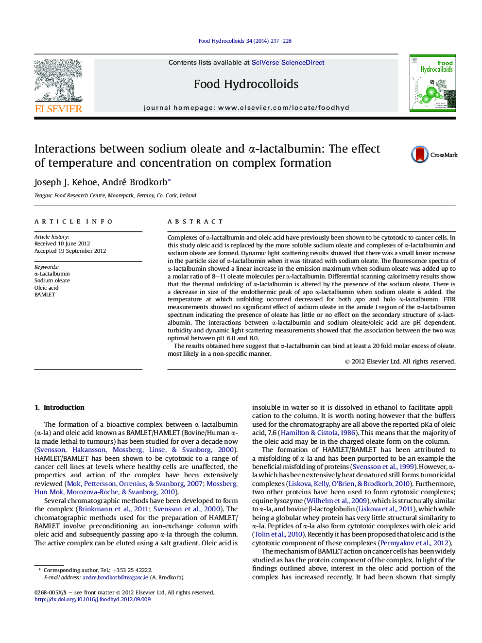 Interactions between sodium oleate and α-lactalbumin: The effect of temperature and concentration on complex formation