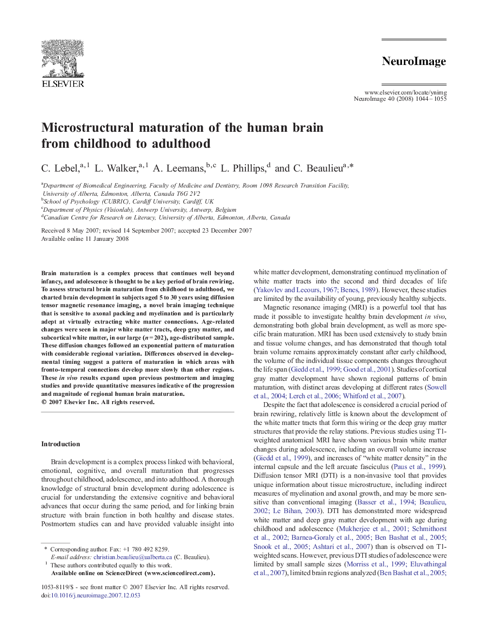 Microstructural maturation of the human brain from childhood to adulthood