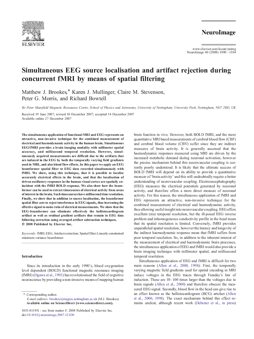 Simultaneous EEG source localisation and artifact rejection during concurrent fMRI by means of spatial filtering