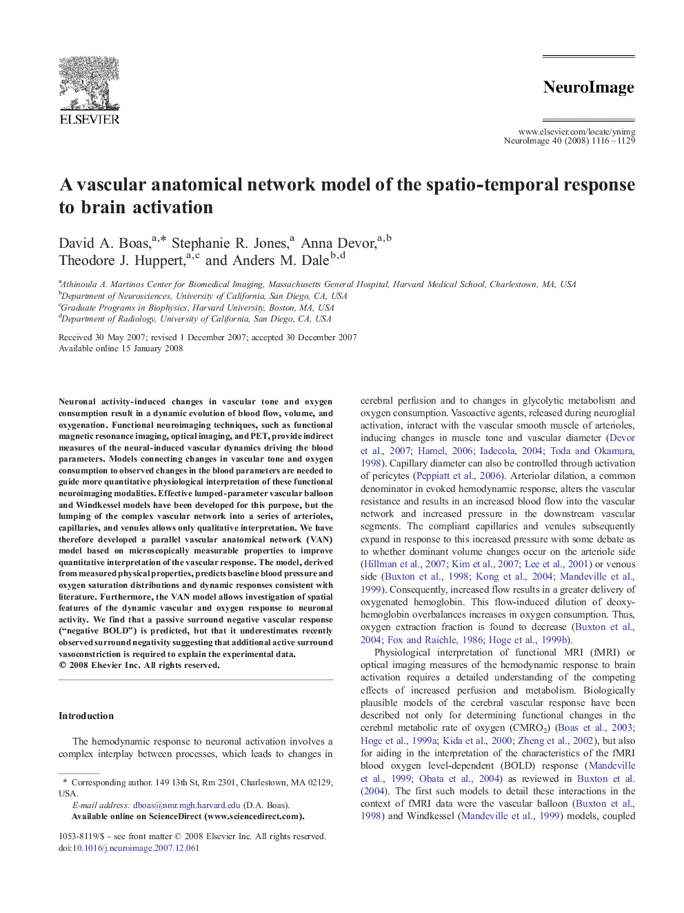 A vascular anatomical network model of the spatio-temporal response to brain activation
