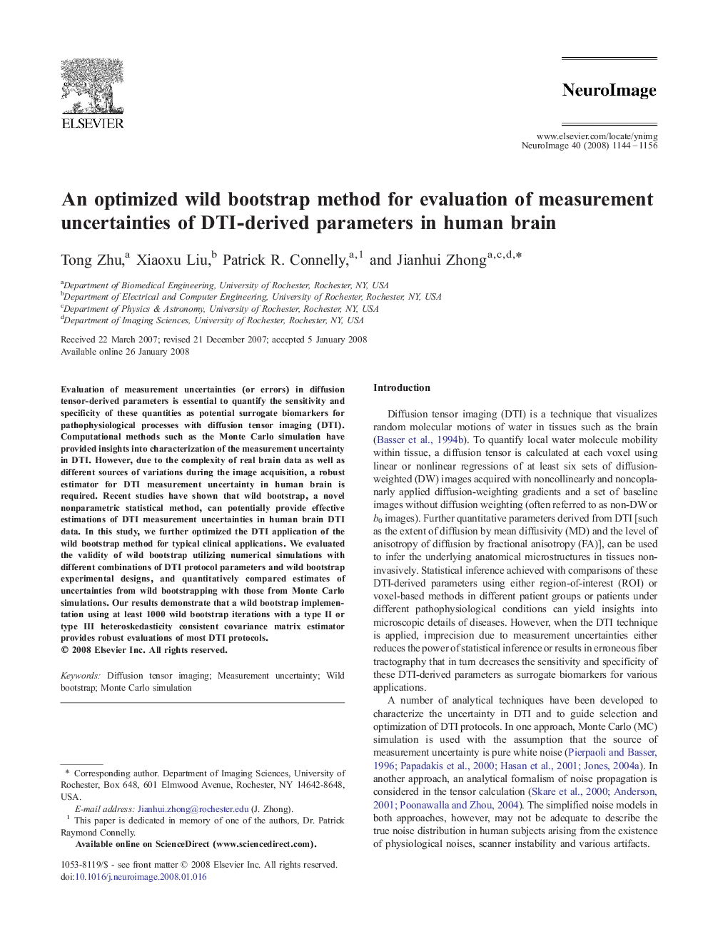 An optimized wild bootstrap method for evaluation of measurement uncertainties of DTI-derived parameters in human brain