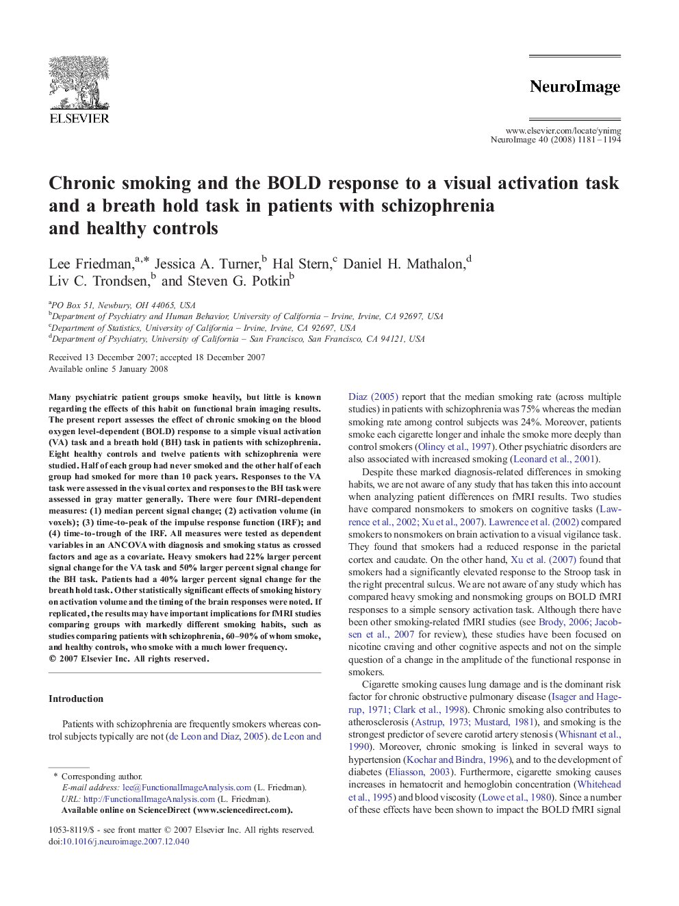 Chronic smoking and the BOLD response to a visual activation task and a breath hold task in patients with schizophrenia and healthy controls
