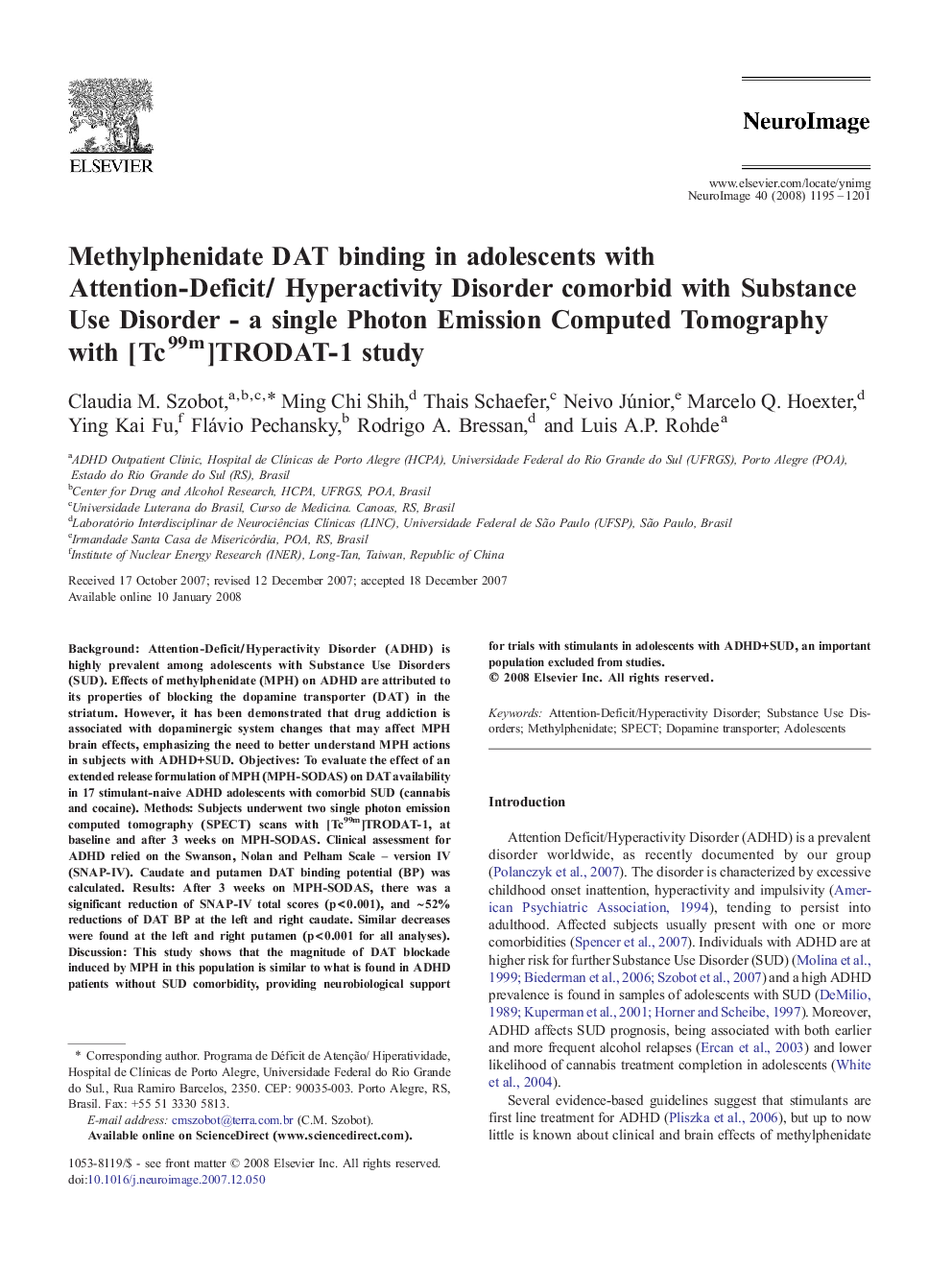 Methylphenidate DAT binding in adolescents with Attention-Deficit/ Hyperactivity Disorder comorbid with Substance Use Disorder - a single Photon Emission Computed Tomography with [Tc99m]TRODAT-1 study