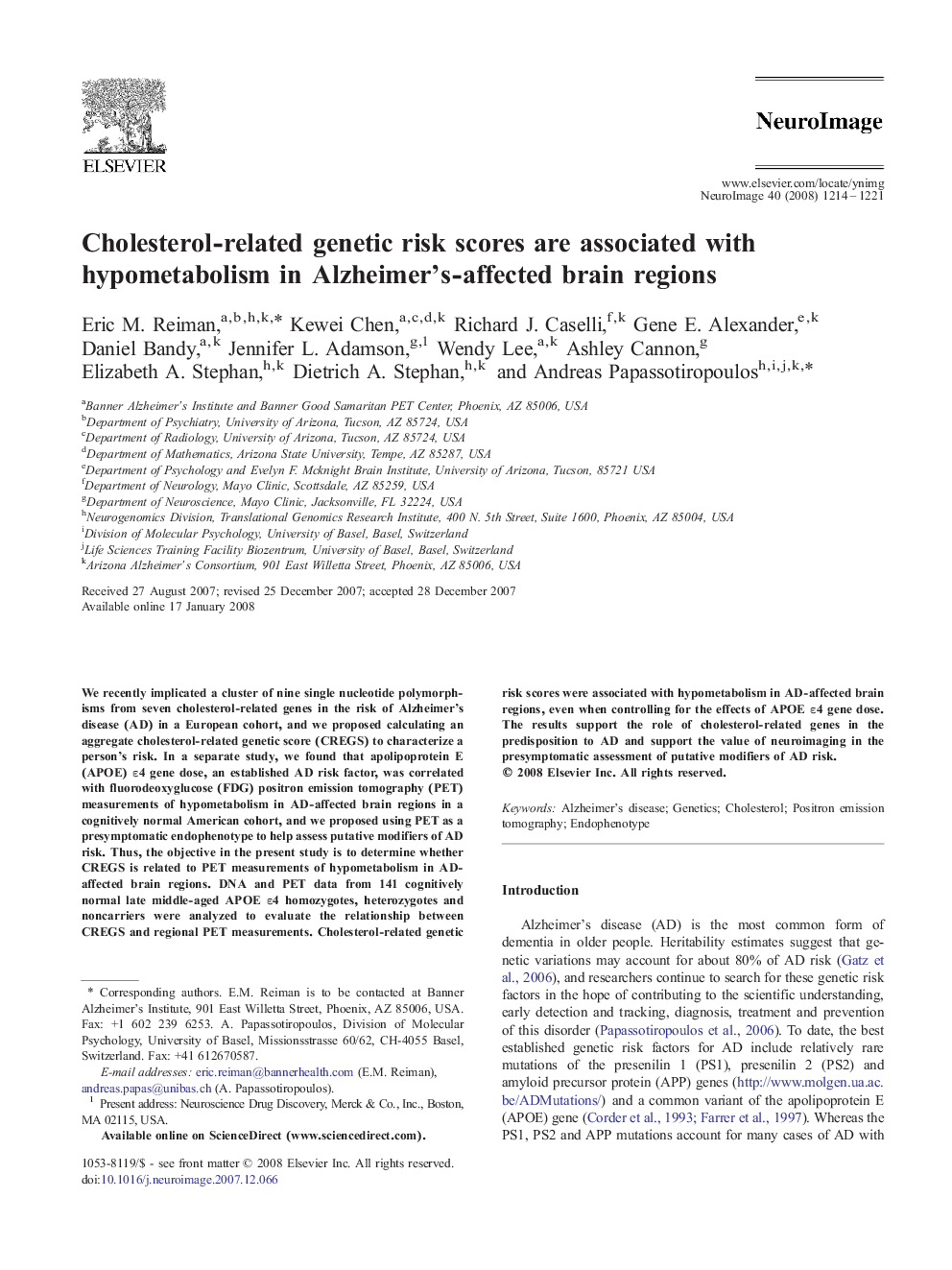 Cholesterol-related genetic risk scores are associated with hypometabolism in Alzheimer's-affected brain regions