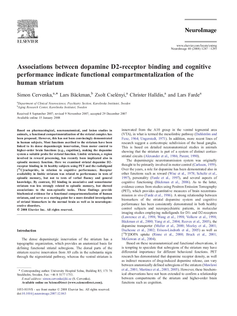 Associations between dopamine D2-receptor binding and cognitive performance indicate functional compartmentalization of the human striatum