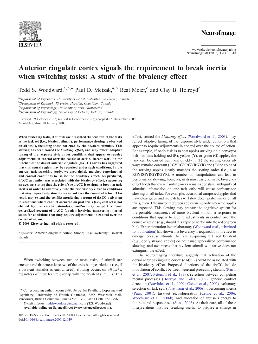 Anterior cingulate cortex signals the requirement to break inertia when switching tasks: A study of the bivalency effect