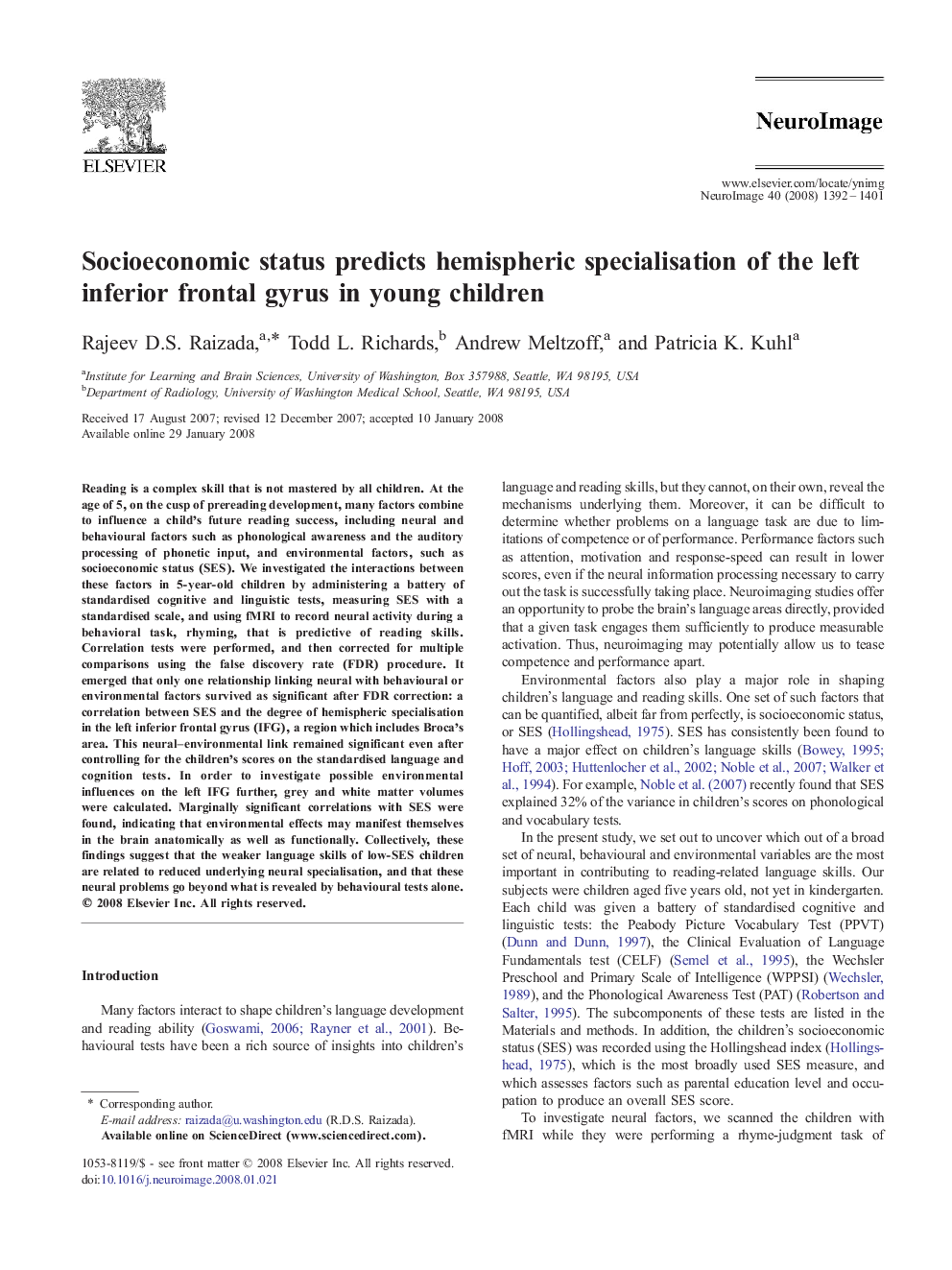 Socioeconomic status predicts hemispheric specialisation of the left inferior frontal gyrus in young children