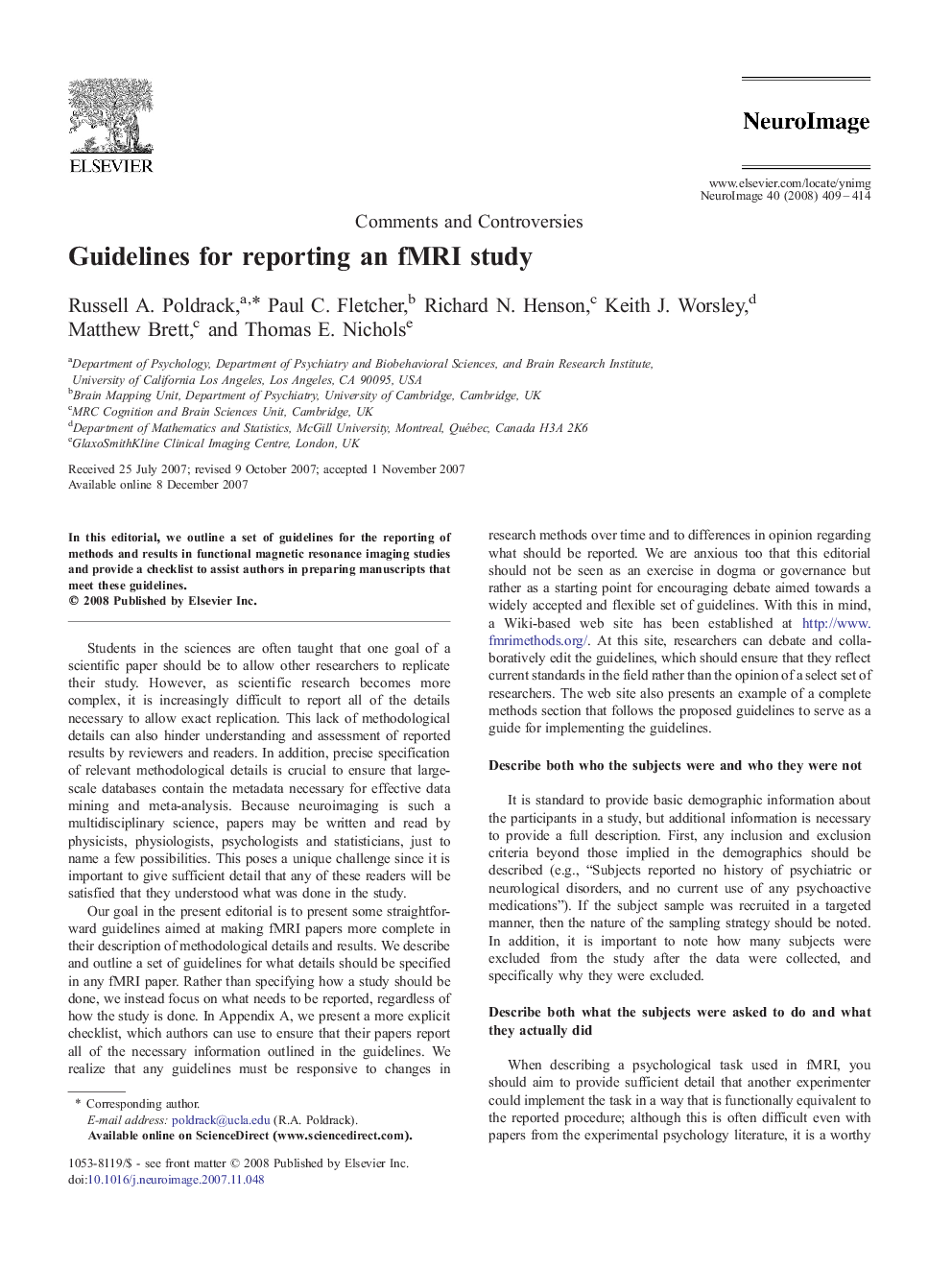 عکس صفحه اول مقاله: Guidelines for reporting an fMRI study Guidelines for reporting an fMRI study
