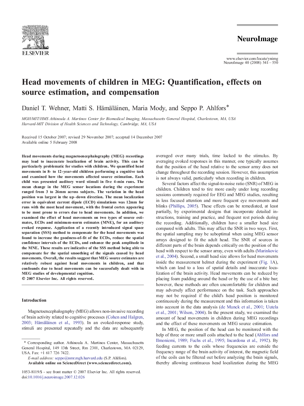 Head movements of children in MEG: Quantification, effects on source estimation, and compensation