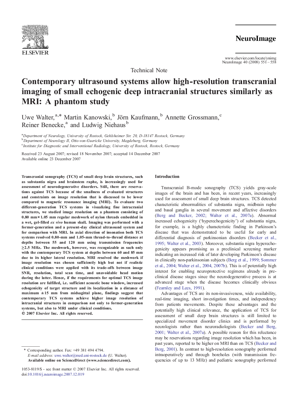 عکس صفحه اول مقاله: Technical NoteContemporary ultrasound systems allow high-resolution transcranial imaging of small echogenic deep intracranial structures similarly as MRI: A phantom study Technical NoteContemporary ultrasound systems allow high-resolution transcranial imaging of small echogenic deep intracranial structures similarly as MRI: A phantom study