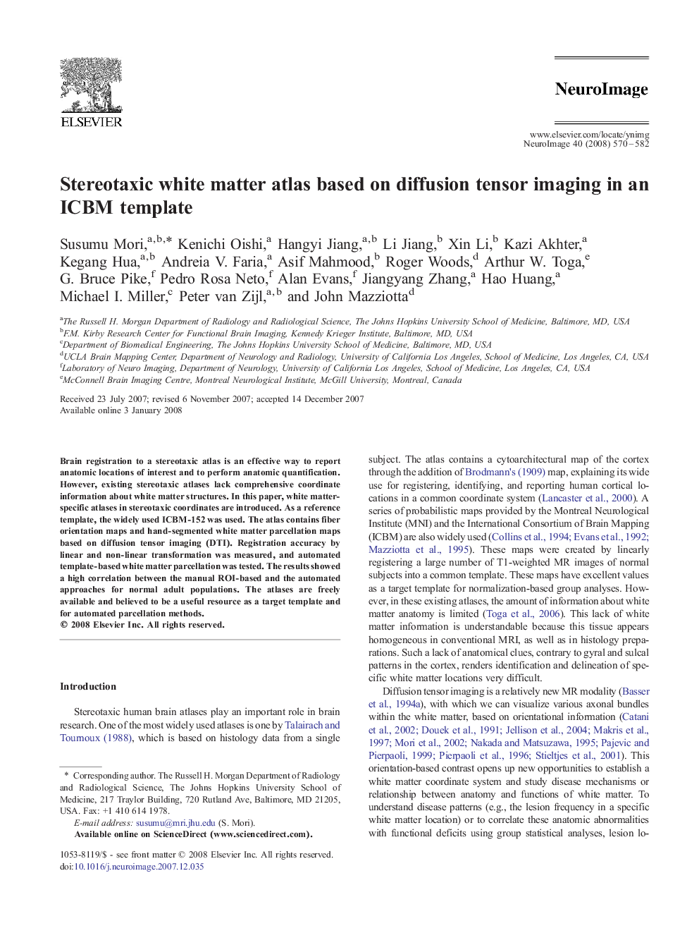 Stereotaxic white matter atlas based on diffusion tensor imaging in an ICBM template