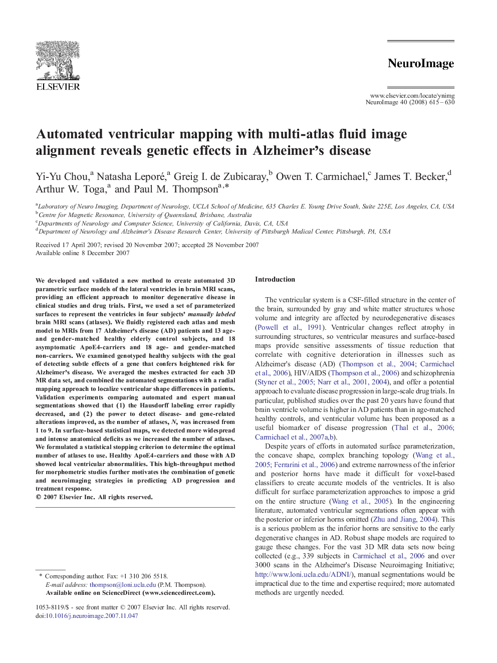 عکس صفحه اول مقاله: Automated ventricular mapping with multi-atlas fluid image alignment reveals genetic effects in Alzheimer's disease Automated ventricular mapping with multi-atlas fluid image alignment reveals genetic effects in Alzheimer's disease