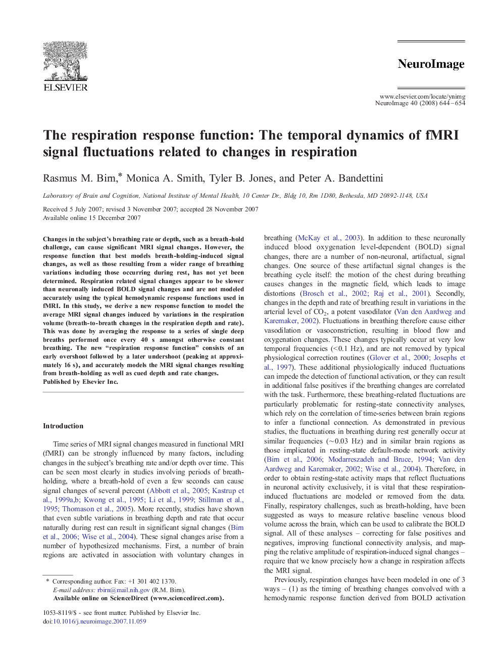عکس صفحه اول مقاله: The respiration response function: The temporal dynamics of fMRI signal fluctuations related to changes in respiration The respiration response function: The temporal dynamics of fMRI signal fluctuations related to changes in respiration