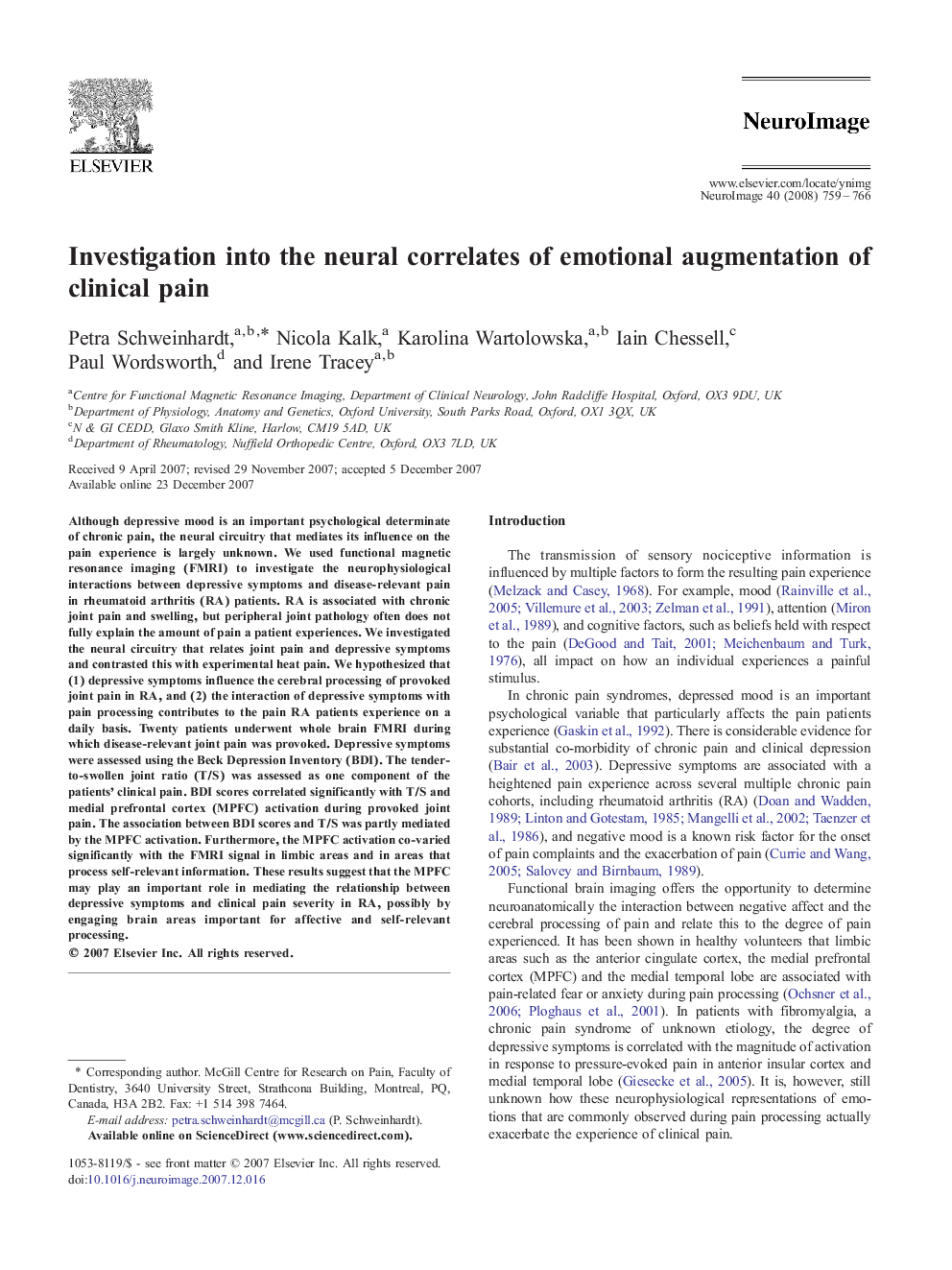 عکس صفحه اول مقاله: Investigation into the neural correlates of emotional augmentation of clinical pain Investigation into the neural correlates of emotional augmentation of clinical pain