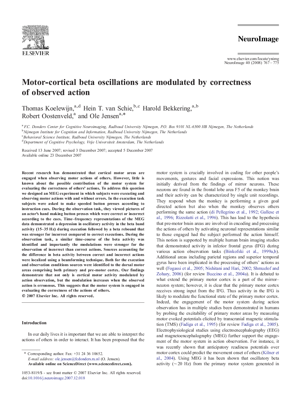 عکس صفحه اول مقاله: Motor-cortical beta oscillations are modulated by correctness of observed action Motor-cortical beta oscillations are modulated by correctness of observed action