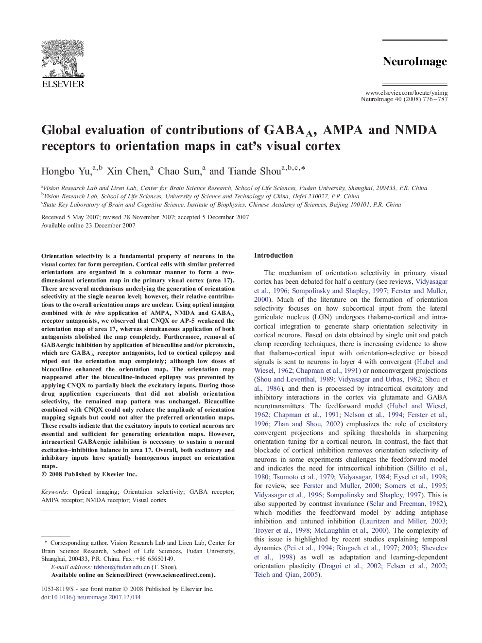 Global evaluation of contributions of GABAA, AMPA and NMDA receptors to orientation maps in cat's visual cortex