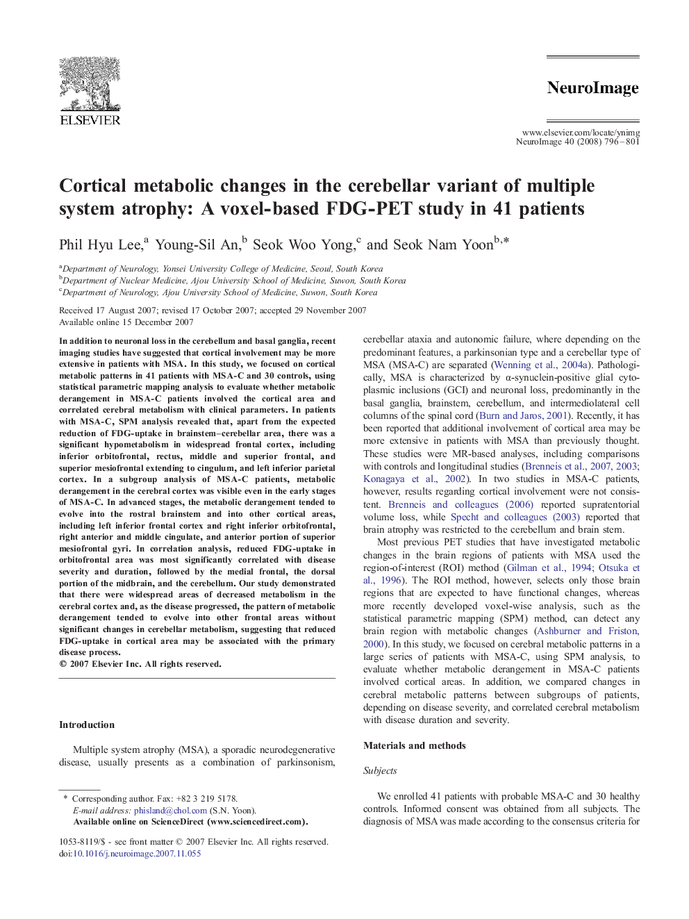 عکس صفحه اول مقاله: Cortical metabolic changes in the cerebellar variant of multiple system atrophy: A voxel-based FDG-PET study in 41 patients Cortical metabolic changes in the cerebellar variant of multiple system atrophy: A voxel-based FDG-PET study in 41 patients