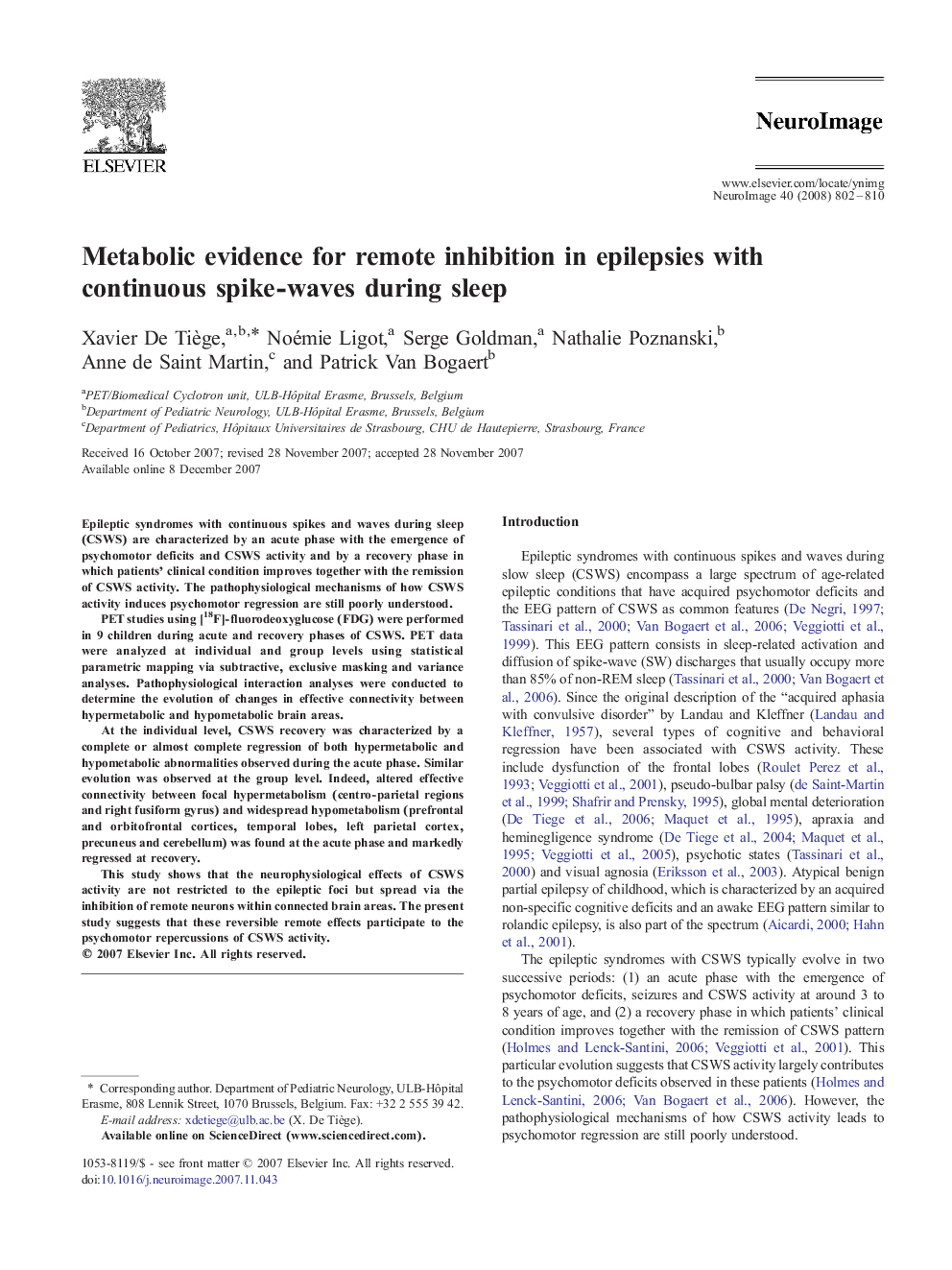 عکس صفحه اول مقاله: Metabolic evidence for remote inhibition in epilepsies with continuous spike-waves during sleep Metabolic evidence for remote inhibition in epilepsies with continuous spike-waves during sleep