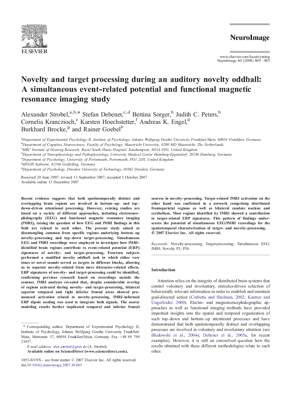 Novelty and target processing during an auditory novelty oddball: A simultaneous event-related potential and functional magnetic resonance imaging study