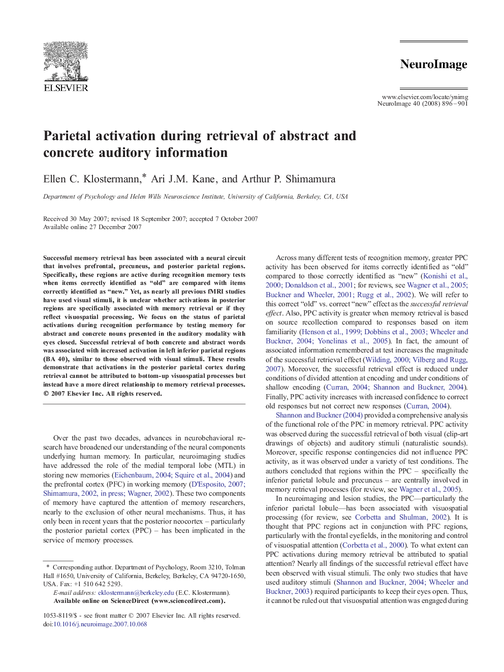عکس صفحه اول مقاله: Parietal activation during retrieval of abstract and concrete auditory information Parietal activation during retrieval of abstract and concrete auditory information