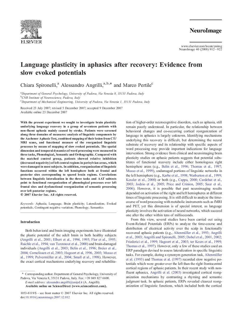 Language plasticity in aphasics after recovery: Evidence from slow evoked potentials