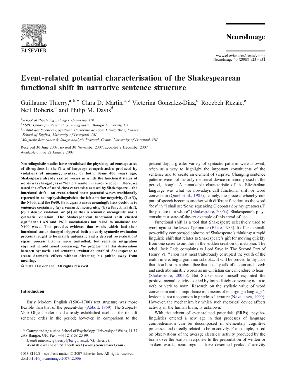 عکس صفحه اول مقاله: Event-related potential characterisation of the Shakespearean functional shift in narrative sentence structure Event-related potential characterisation of the Shakespearean functional shift in narrative sentence structure