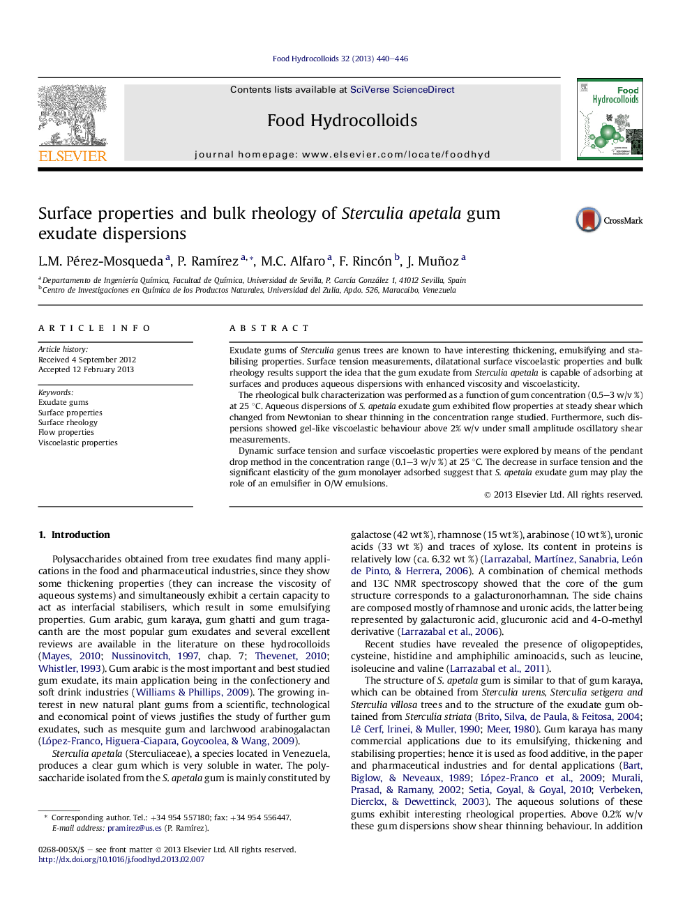 Surface properties and bulk rheology of Sterculia apetala gum exudate dispersions